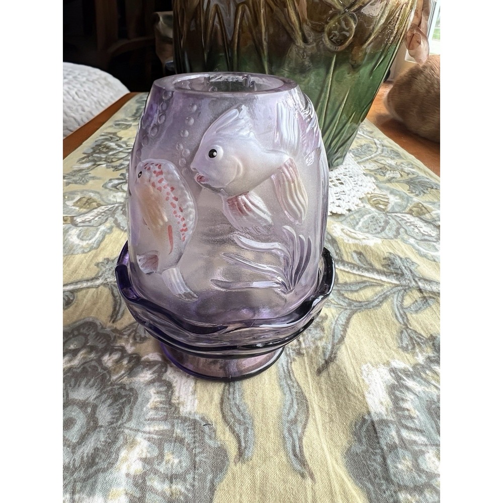 Fenton Koi Fish Atlantis Fairy Lamp Signed C Curry Purple Amethyst Handpainted